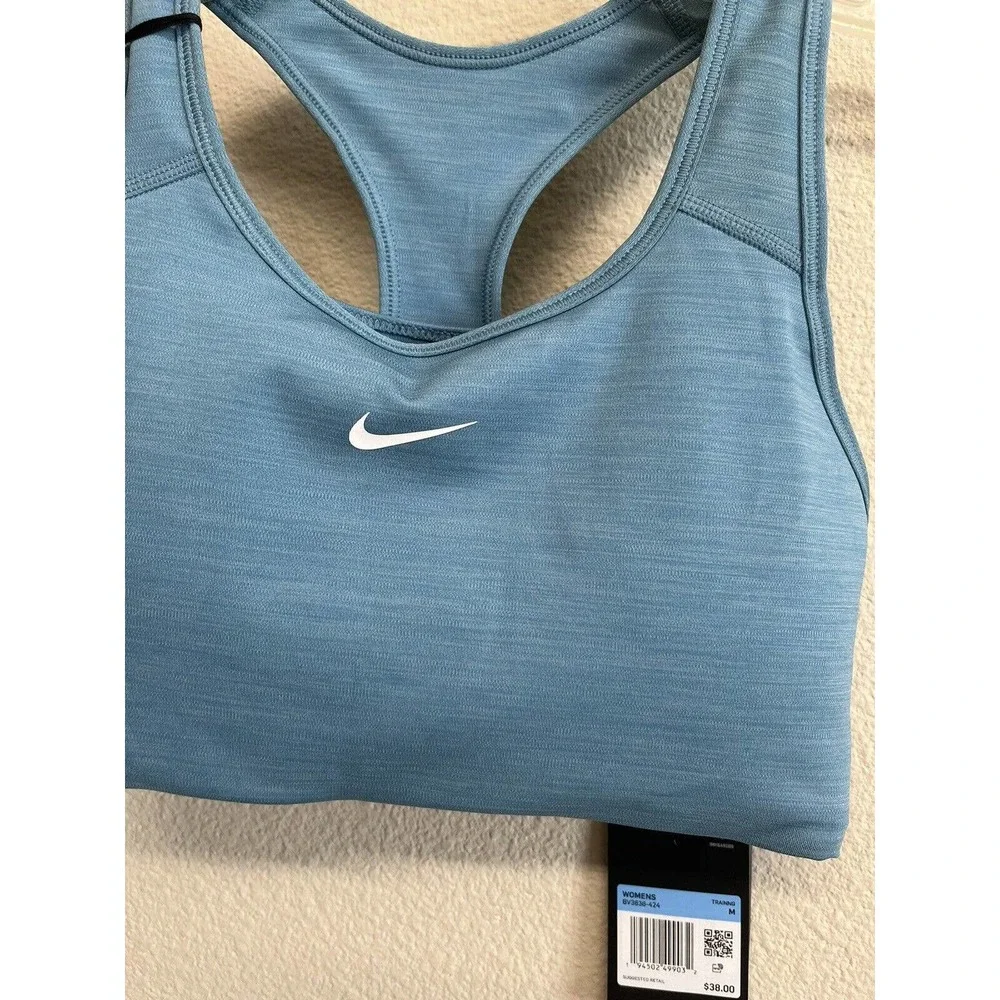 NWT Nike Swoosh Sports Bra Size M Blue Heather Padded NEW - Picture 3 of 8